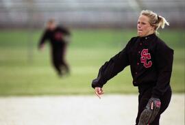 Karissa Hoehn pitches a softball during a game, St. Cloud State University