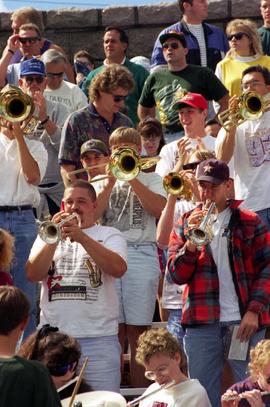 Band plays in the stands at a football game, St. Cloud State University