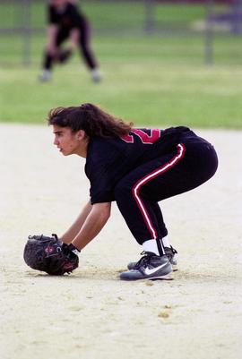 Softball player Mary Libbesmeier gets ready during a softball game, St. Cloud State University