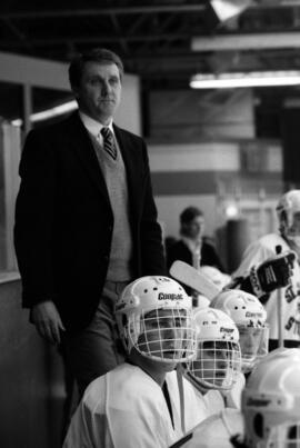 Herb Brooks coaches during a hockey game against the University of Wisconsin-Eau Claire, St. Cloud State University