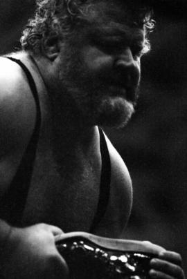 Professional wrestler Larry Hennig wrestles against Jerry Blackwell in Halenbeck Hall (1965), St. Cloud State University