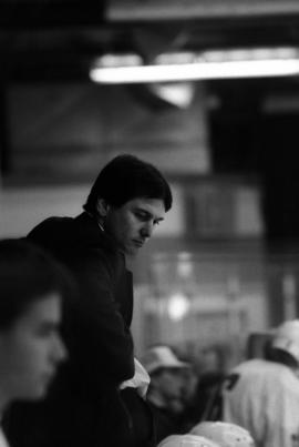 Men's hockey coach John Perpich coaches during a game against Bemidji State University