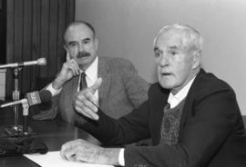 G. Gordon Liddy and 1960s activist Timothy Leary appear at a press conference before their debate at Stewart Hall (1948), St. Cloud State University