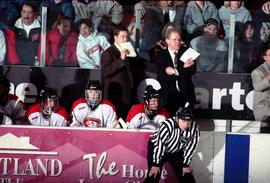 Coach Craig Dahl watches the action during a hockey game against the University of Wisconsin, St. Cloud State University