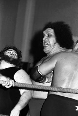 Andre the Giant grabs wrestler Jerry Blackwell and another wrestler at Halenbeck Hall (1965), St. Cloud State University