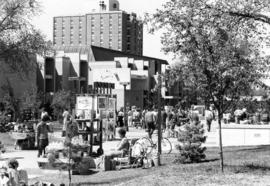 People gather in a plaza, St. Cloud State University