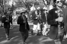 The World Renowned Trombone Band marching in the homecoming parade, St. Cloud State University