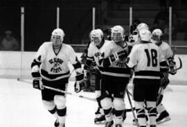 Hockey players skate together during a game break against the University of Wisconsin-Eau Claire
