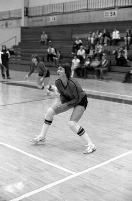 Volleyball player Sue Wahl during a game against Southwest State University at Halebeck Hall (1965), St. Cloud State University