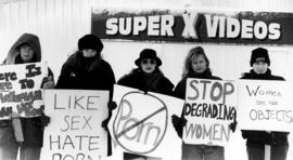 Women's Equality Group members Jennifer Gunderson, Sarah Cimperman, Chelsea Hibbard and others protest at adult bookstore Pure Pleasure, St. Cloud State University