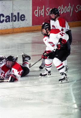 Action during a hockey game against the University of Wisconsin, St. Cloud State University