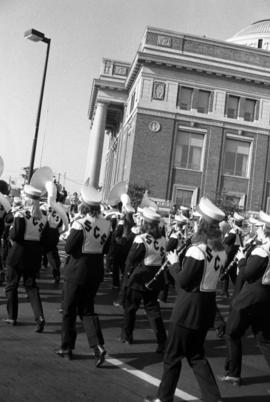 Marching band at the homecoming parade near the Stearns County courthouse, St. Cloud State University