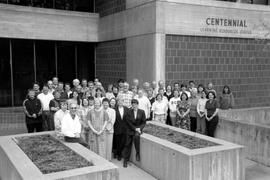 Learning Resources and Technology Services (LR&TS) faculty and staff in front of Centennial Hall (1971), Cloud State University