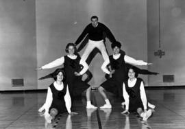 Cheerleaders Allie Rademacher, Karen Olson, Dave Anderson, Judy Grengs, Kathy Jones, St. Cloud State University