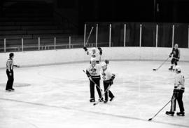 St. Cloud State hockey players celebrate a goal against St. Scholastica in a men's hockey game