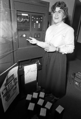 Margaret Vos at the control panel for the campus chimes, St. Cloud State University