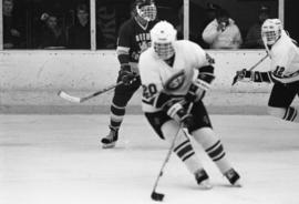 A St. Cloud State hockey player handles the puck, St. Cloud State University