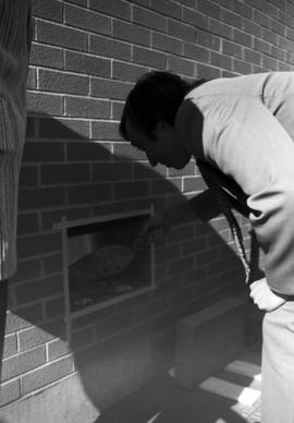 Jim Pehler places mortar for cornerstone after the time capsule was inserted in Administrative Services (1975), St. Cloud State University