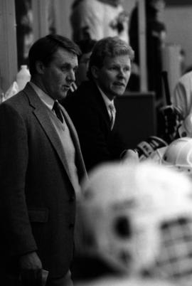 Hockey head coach Herb Brooks and assistant Craig Dahl during a game against the University of Wisconsin - Eau Claire, St. Cloud State University