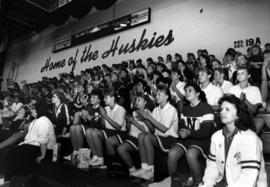 Cheerleaders lead the crowd in cheers, St. Cloud State University