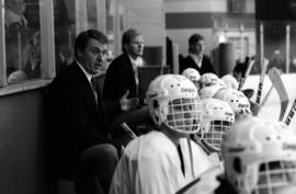 Herb Brooks coaches during a hockey game against the University of Wisconsin-Eau Claire, St. Cloud State University