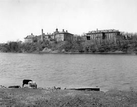 Lawrence Hall (1905), Old Main Building (1874), and the Old Model School (1906) from across the Mississippi River, St. Cloud State University