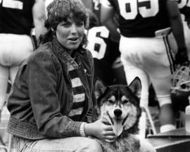 Kim Sandbo with Husky mascot Nikki, St. Cloud State University