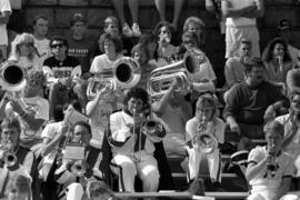 Marching band in the stands during a football game, St. Cloud State University