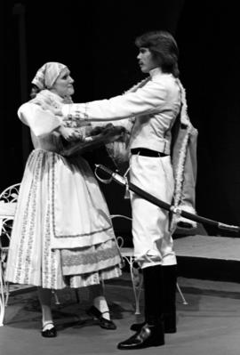 Merrilee Benda as Louka the maid and Loren Johnson as Sergius in the theatre production of "Arms and the Man," St. Cloud State University