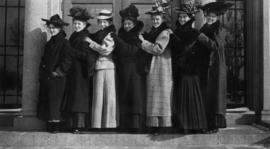 Women students gather together in front of Lawrence Hall (1905), St. Cloud State University